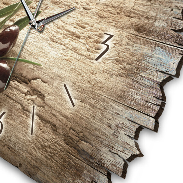 Oliven Designer-Wanduhr aus Holz – leises Uhrwerk