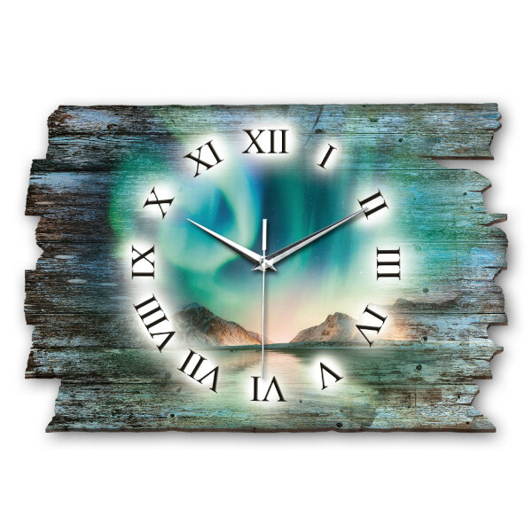 Nordlichter Designer-Wanduhr aus Holz – leises Uhrwerk