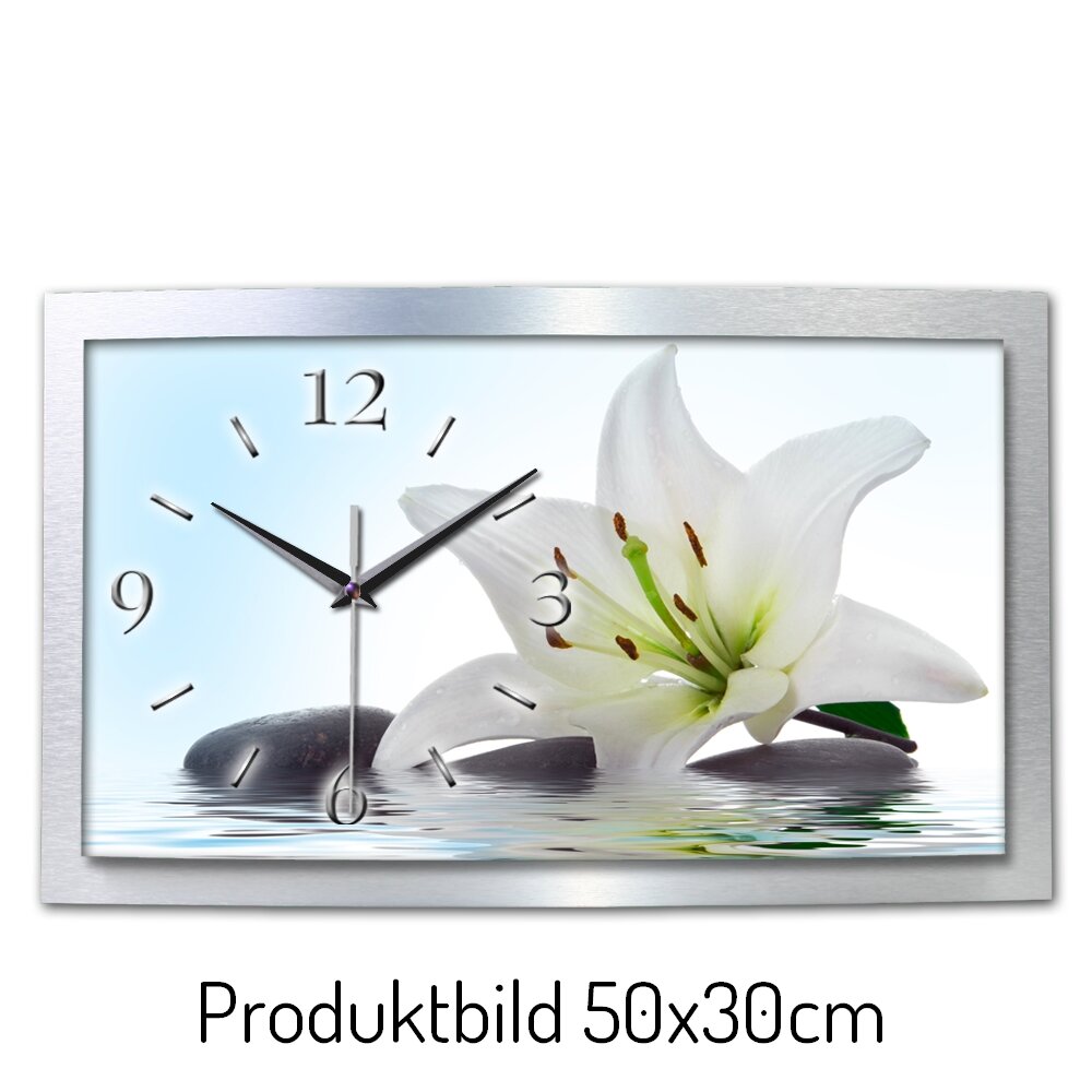 Weiße Lilie – gewölbte 3D-Wanduhr mit silbernem Alu-Rahmen