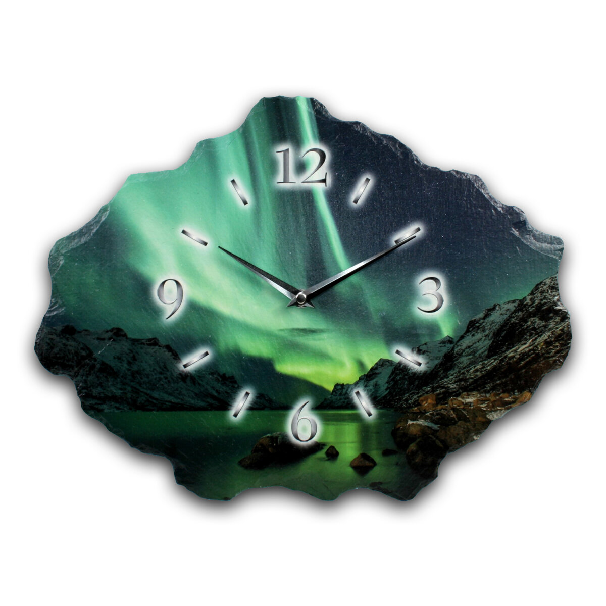 Polarlicht Design-Wanduhr aus Steinguss mit leisem Uhrwerk