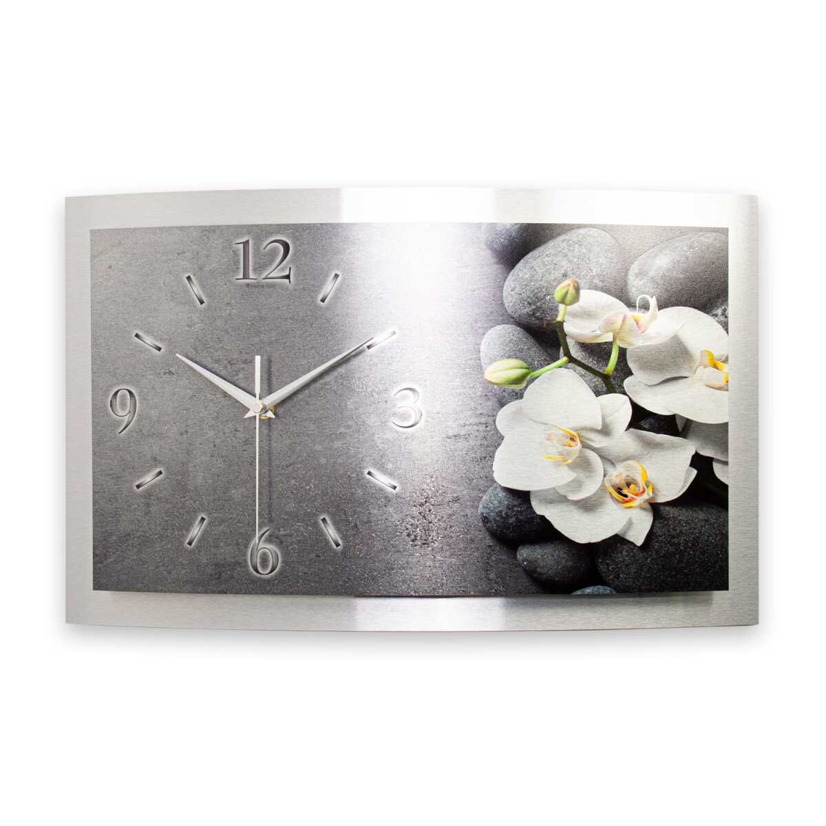 Orchidee – gewölbte 3D-Metallic-Wanduhr mit silbernem Alu-Rahmen