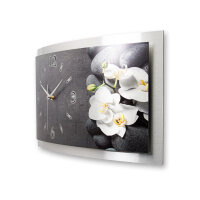 Orchidee – gewölbte 3D-Metallic-Wanduhr mit silbernem Alu-Rahmen