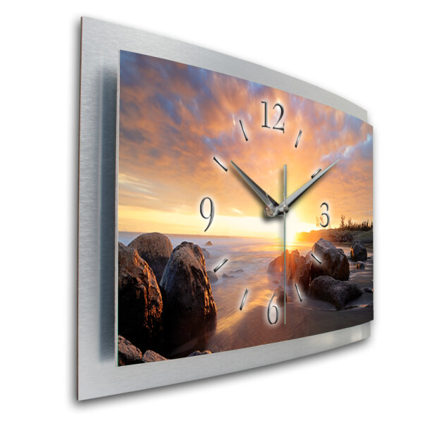 Felsen Chill Out – gewölbte 3D-Wanduhr mit silbernem Alu-Rahmen