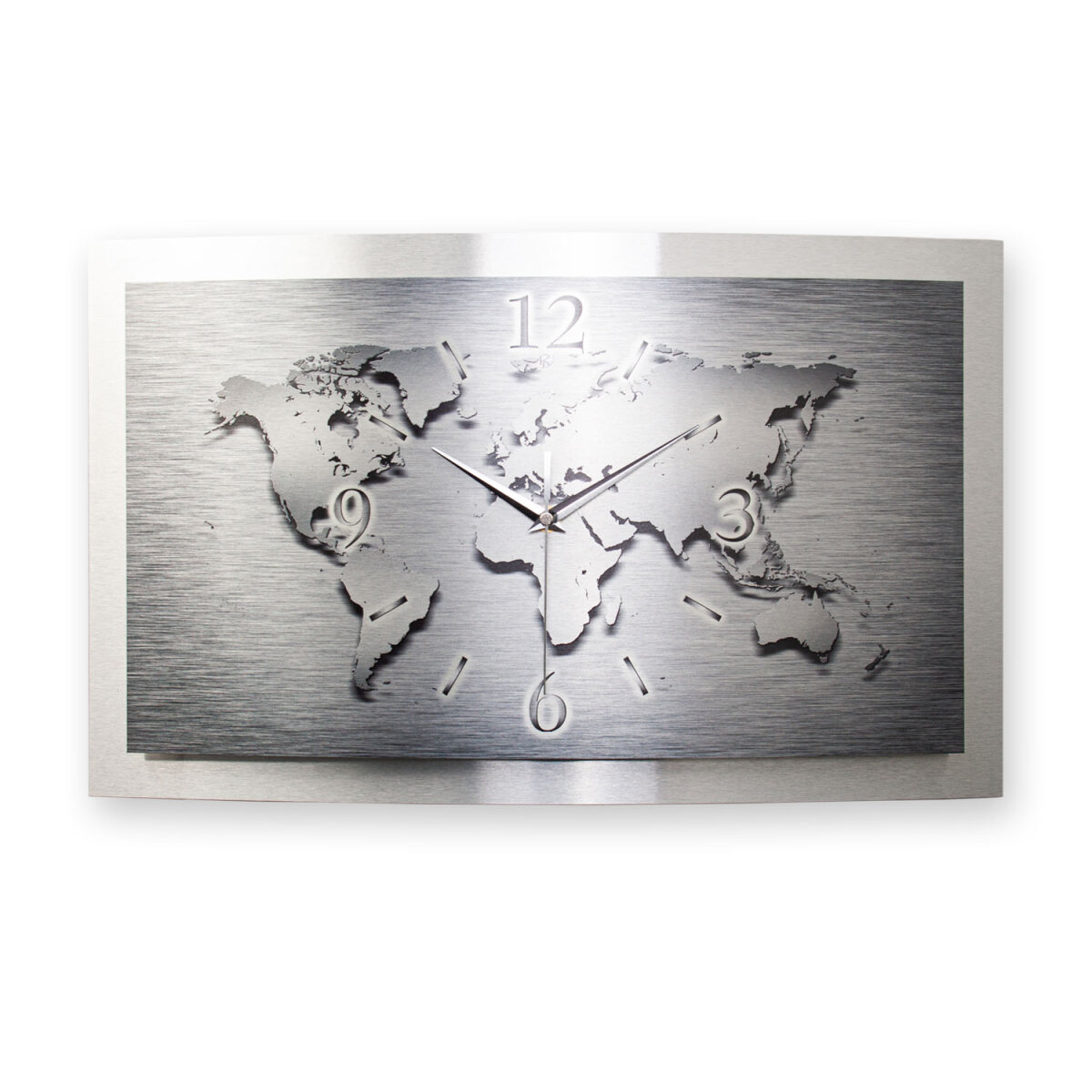 Weltkarte – gewölbte 3D-Metallic-Wanduhr mit silbernem Alu-Rahmen