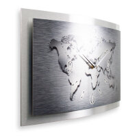 Weltkarte – gewölbte 3D-Metallic-Wanduhr mit silbernem Alu-Rahmen