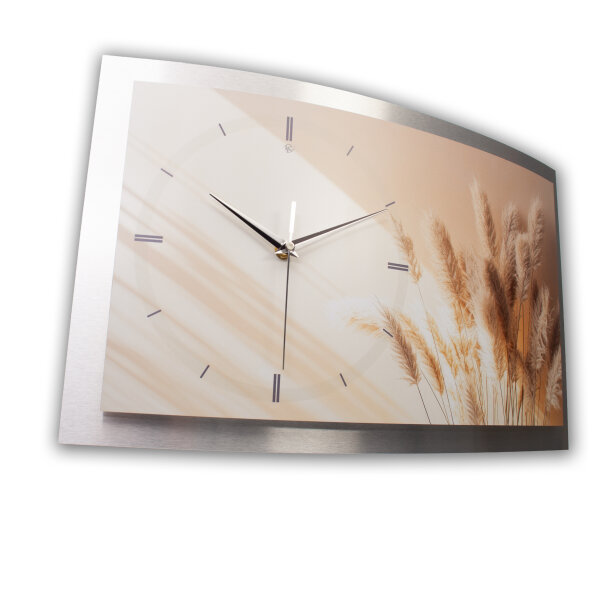 Relax Pampas – gewölbte 3D-Wanduhr mit silbernem Alu-Rahmen