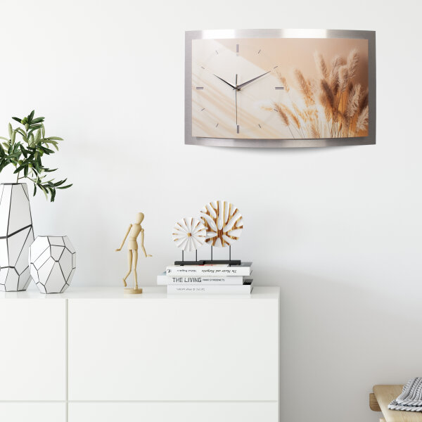 Relax Pampas – gewölbte 3D-Wanduhr mit silbernem Alu-Rahmen
