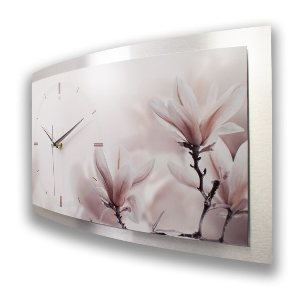 Orchidee Relax – gewölbte 3D-Wanduhr mit silbernem Alu-Rahmen