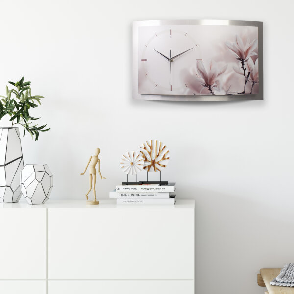 Orchidee Relax – gewölbte 3D-Wanduhr mit silbernem Alu-Rahmen