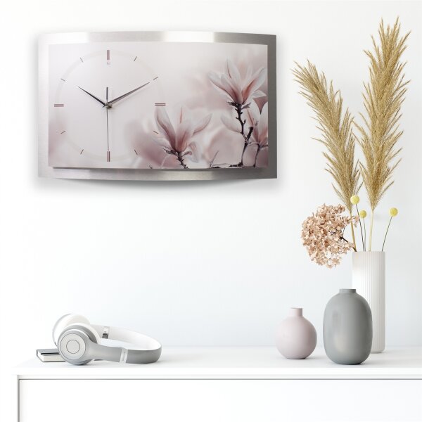 Orchidee Relax – gewölbte 3D-Wanduhr mit silbernem Alu-Rahmen