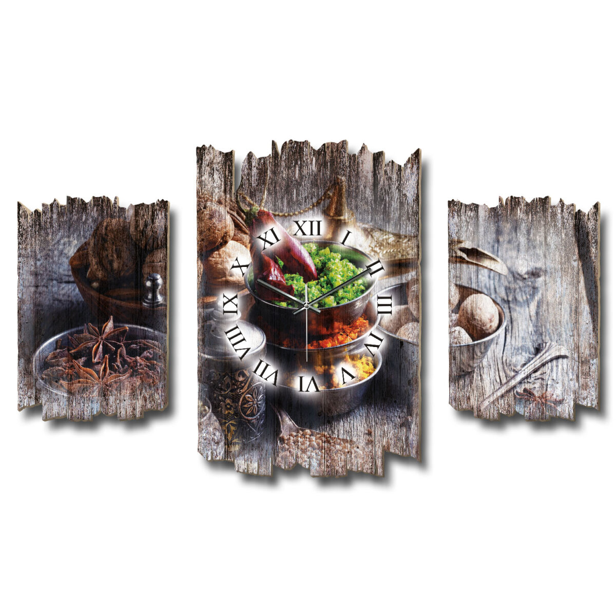 Exotische Gewürze Shabby chic Dreiteilige Wanduhr aus MDF mit leisem Uhrwerk