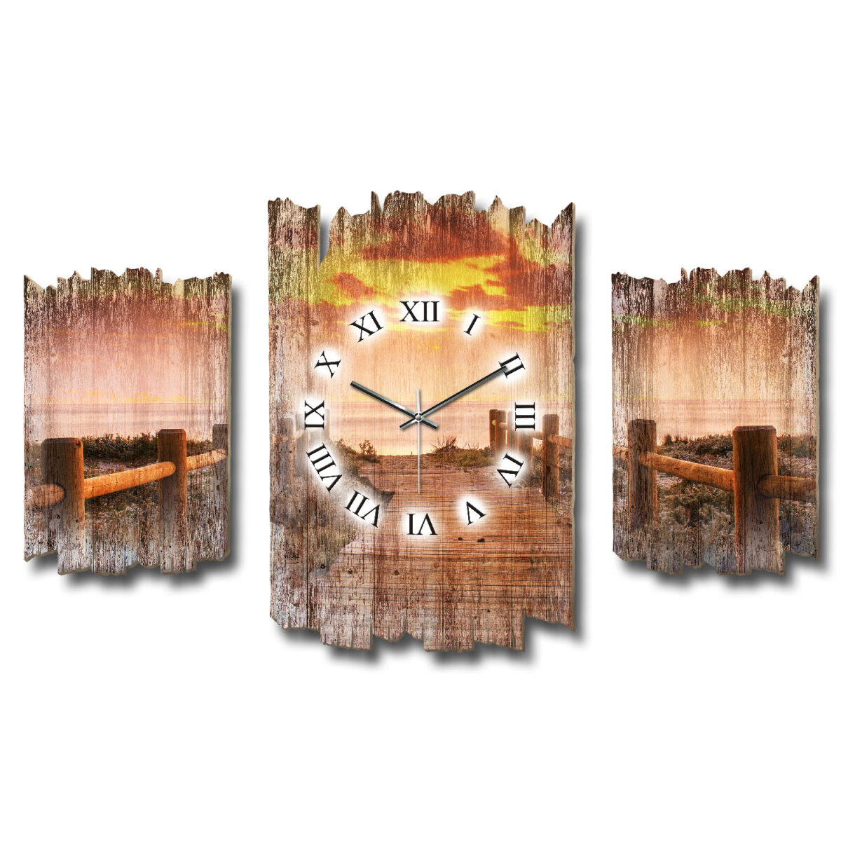 Steg Sonnenuntergang Shabby chic Dreiteilige Wanduhr aus MDF mit leisem Uhrwerk