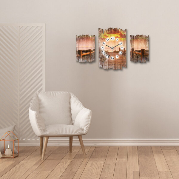 Steg Sonnenuntergang Shabby chic Dreiteilige Wanduhr aus MDF mit leisem Uhrwerk
