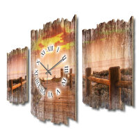 Steg Sonnenuntergang Shabby chic Dreiteilige Wanduhr aus MDF mit leisem Uhrwerk