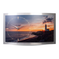Leuchtturm Felsen – gewölbte 3D-Wanduhr mit silbernem Alu-Rahmen