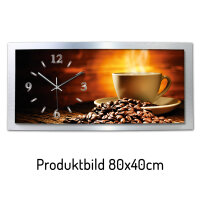 Kaffee – gewölbte 3D-Wanduhr mit silbernem Alu-Rahmen