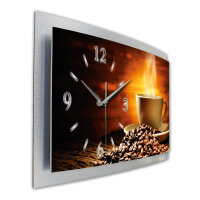 Kaffee – gewölbte 3D-Wanduhr mit silbernem Alu-Rahmen