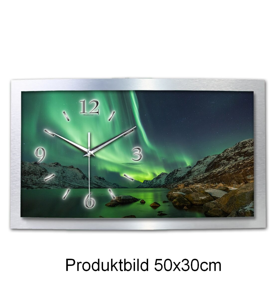 Polarlicht – gewölbte 3D-Wanduhr mit silbernem Alu-Rahmen