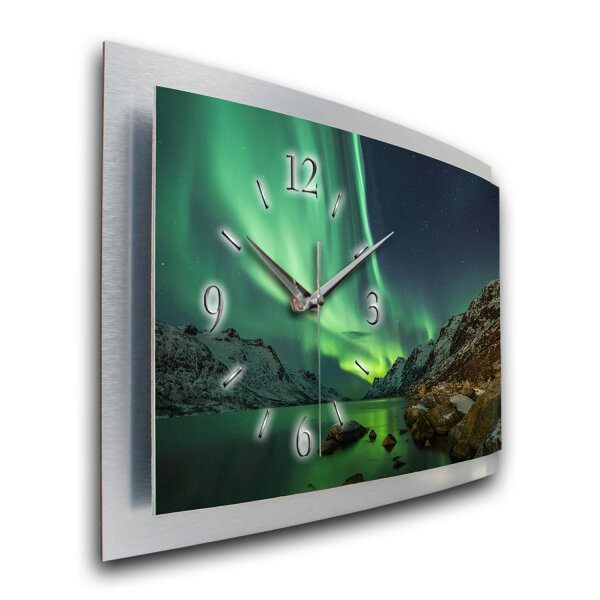 Polarlicht – gewölbte 3D-Wanduhr mit silbernem Alu-Rahmen