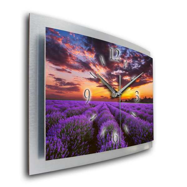 Lavendel – gewölbte 3D-Wanduhr mit silbernem Alu-Rahmen