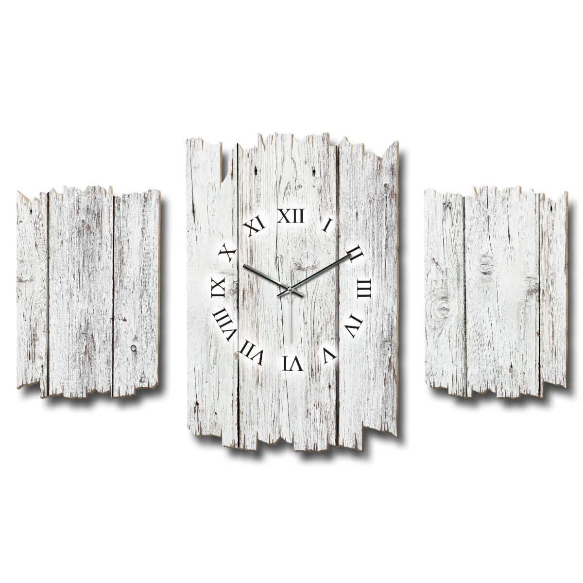 Holzoptik weiß Shabby chic Dreiteilige Wanduhr aus MDF mit leisem Uhrwerk