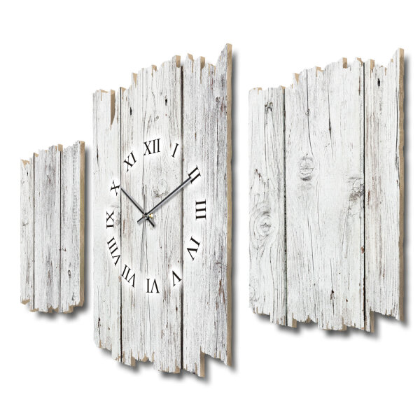Holzoptik weiß Shabby chic Dreiteilige Wanduhr aus MDF mit leisem Uhrwerk