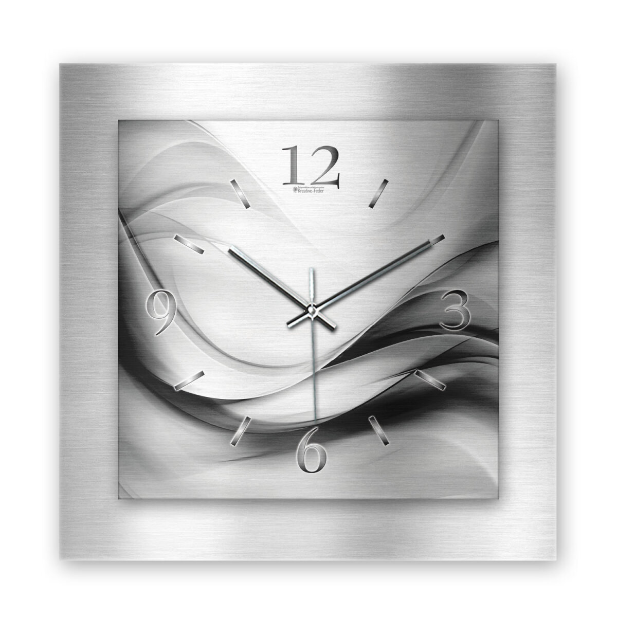 Abstrakt Silber – 3D Design-Wanduhr mit silbernem Alu-Rahmen