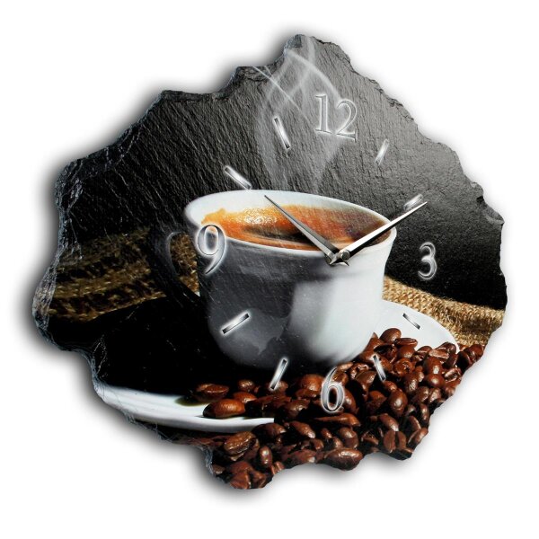 Kaffee Design-Wanduhr aus Steinguss mit leisem Uhrwerk